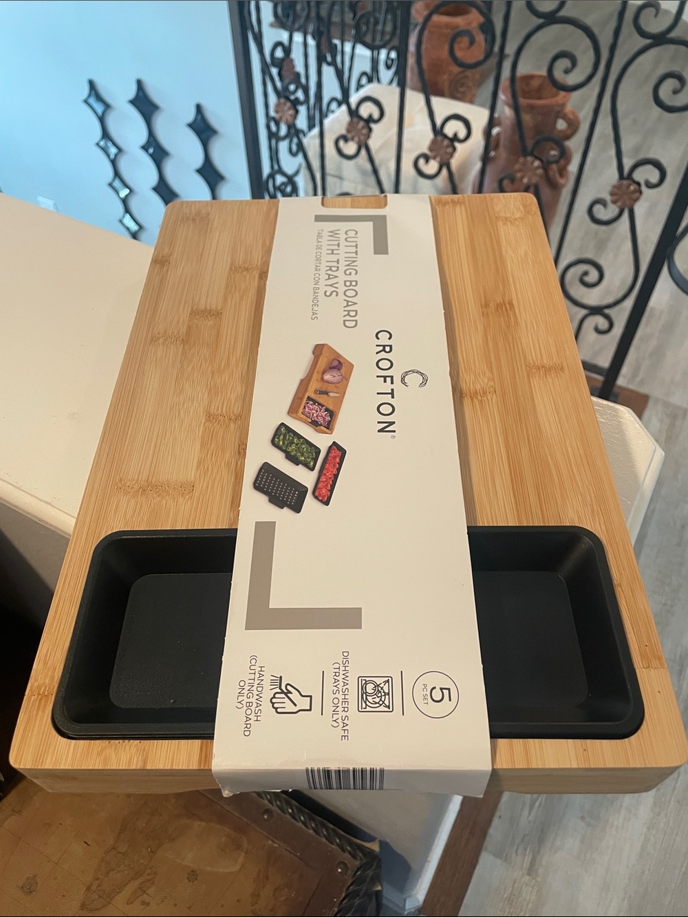 Crofton Bamboo Cutting Board with 4 Black Trays - Natural Bamboo
